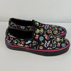 M5, W6.5 - Vans Slip-On Glow In The Dark Black Neon Lights Emoji Skate Shoes New